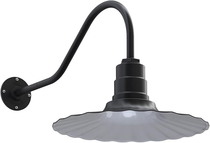 Steel Lighting Co. Highland Park Barn Light | Outdoor Wall Mounted | 16 inch Radial Wave | 23 inch Gooseneck | Vintage Style Made in America | Matte Black Exterior/White Interior