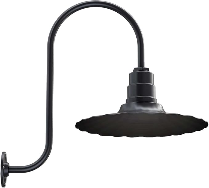 Steel Lighting Co. Highland Park Barn Light | Outdoor Wall Mounted | 16 inch Radial Wave | Upslope Gooseneck | Vintage Style Made in America | Matte Black Exterior/Matte Black Interior