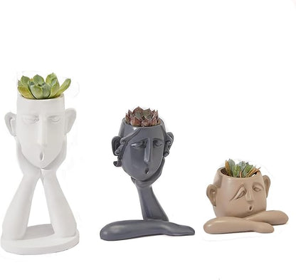 GUTE Human Face Shaped Succulent & Flower Planter Pots - Set of 3- Figurines for Garden - Indoor Outdoor Decorative Garden Figurines, Drainage Holes for Plants Artistic - White, Khaki, Grey