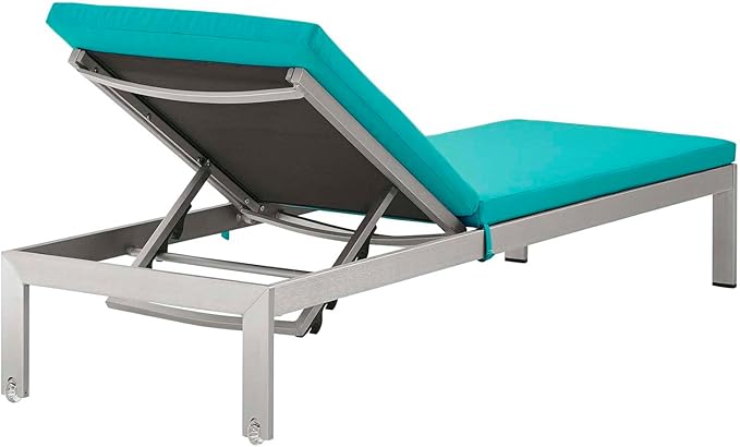 Modway Shore Aluminum Outdoor Patio Four Chaise Lounge Chairs with Cushions in Silver Turquoise
