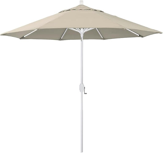 California Umbrella 5-Year-Non-Fading, 9Ft Premium Patio Umbrella, Hand-Crank, Button-Tilt, White Frame, Solution Dyed Beige Fabric