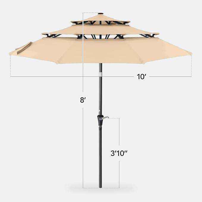 Best Choice Products 10ft 3-Tier Market Patio Umbrella, Outdoor Sun Shade with Tilt, Crank Lift, 8 Ribs for Backyard, Deck, Poolside – Sand