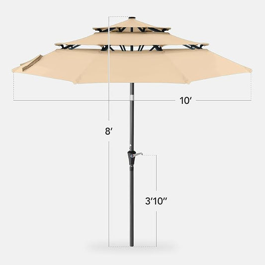 Best Choice Products 10ft 3-Tier Market Patio Umbrella, Outdoor Sun Shade with Tilt, Crank Lift, 8 Ribs for Backyard, Deck, Poolside – Sand