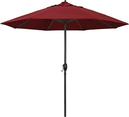California Umbrella 9' Rd Aluminum Patio Umbrella, Crank Lift, Auto Tilt, Black Finish, 4yr Fade Warranty, Red