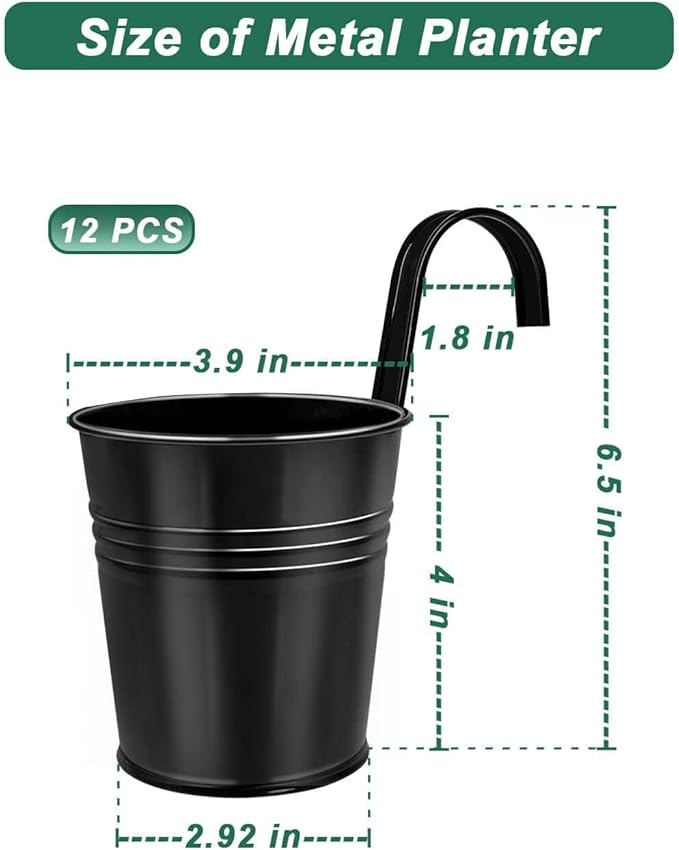 12 Pack Railing Planter for Outdoor Plants - 4 Inch Small Balcony Hanging Flower Pots with Detachable Hooks and Drain Holes Metal Oval Bucket Rail Box Fence Planters for Home Garden Decor, Black