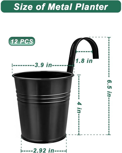 12 Pack Railing Planter for Outdoor Plants - 4 Inch Small Balcony Hanging Flower Pots with Detachable Hooks and Drain Holes Metal Oval Bucket Rail Box Fence Planters for Home Garden Decor, Black
