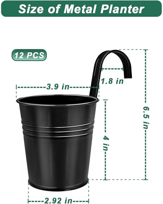 12 Pack Railing Planter for Outdoor Plants - 4 Inch Small Balcony Hanging Flower Pots with Detachable Hooks and Drain Holes Metal Oval Bucket Rail Box Fence Planters for Home Garden Decor, Black