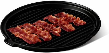 ONEMORE Microwave Bacon Tray Ceramic Bacon Cooker Meat Rack for Oven Cooking Crispy Bacon Maker - 11 inch Round Bacon Dish Plate, Black