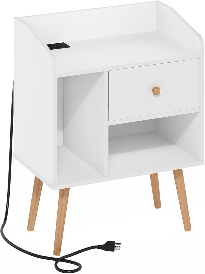 Furinno Claude Side Table, Mid Century End Table with Charging Station, Wooden Legs Night Stand, Bedside Table with USB and Type-C Port, for Living Room, Bedroom, White