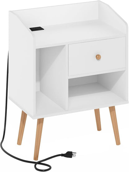 Furinno Claude Side Table, Mid Century End Table with Charging Station, Wooden Legs Night Stand, Bedside Table with USB and Type-C Port, for Living Room, Bedroom, White
