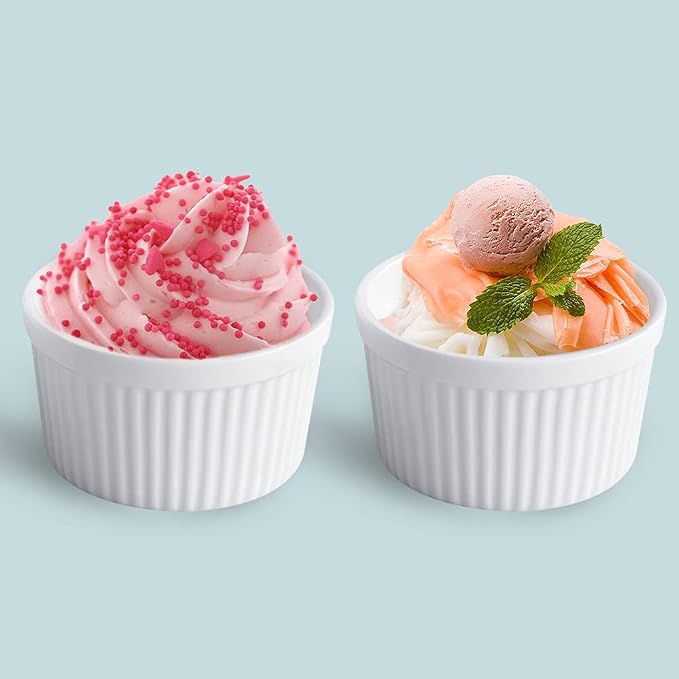 Cinf White 14 oz Set of 4 Souffle Dishes Ramekins Oven Microwave Safe Bowls Creme Brulee Set Sauce Cups for Baking Cooking Dessert Porcelain Pudding Cups