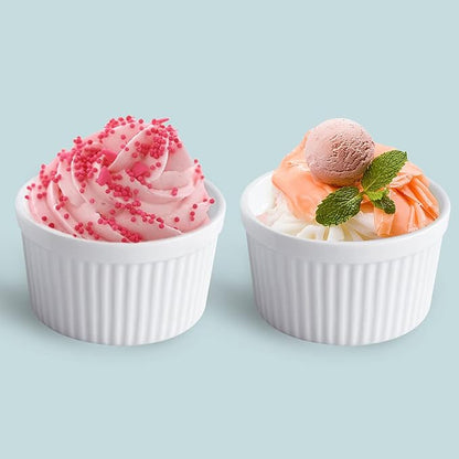 Cinf White 14 oz Set of 4 Souffle Dishes Ramekins Oven Microwave Safe Bowls Creme Brulee Set Sauce Cups for Baking Cooking Dessert Porcelain Pudding Cups