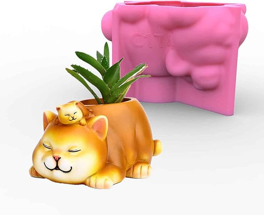 Grainrain Cat Concrete Plant Mold Planter Silicone Mould Cylinder Resin Mold for DIY Crafts Succulent Flower Pots Jewelry Trinkets Candle Holder Organizer (C174)