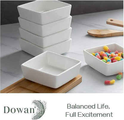 DOWAN Creme Brulee Ramekins 6 oz Oven Safe, Small Ceramic Square Ramekin, Custard Cups Souffle Baking Dish, Dipping Bowls Soy Sauce Dish Appetizer Plates, Set of 6, Soft White