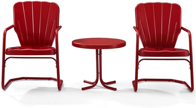 Crosley Furniture Ridgeland 3-Piece Outdoor Chair and Side Table Set, Retro Metal Bistro Patio Sets for Deck, Red