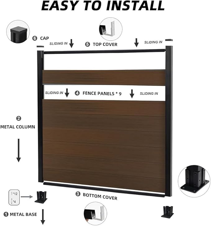6x6 FT Wood Composite Privacy Fence Panel,Semi-Enclosed Outdoor AC Unit Cover,Trash Can Barrier | Weatherproof, Easy Installation, Durable Composite Fencing (Brown with 2 Post)