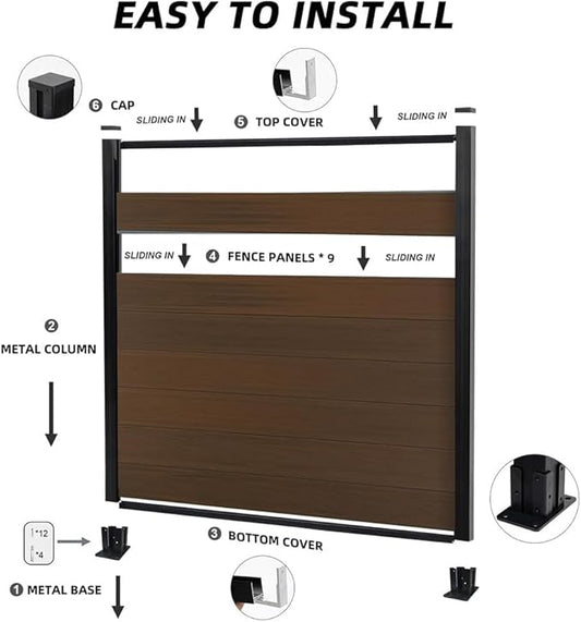 6x6 FT Wood Composite Privacy Fence Panel,Semi-Enclosed Outdoor AC Unit Cover,Trash Can Barrier | Weatherproof, Easy Installation, Durable Composite Fencing (Brown with 2 Post)
