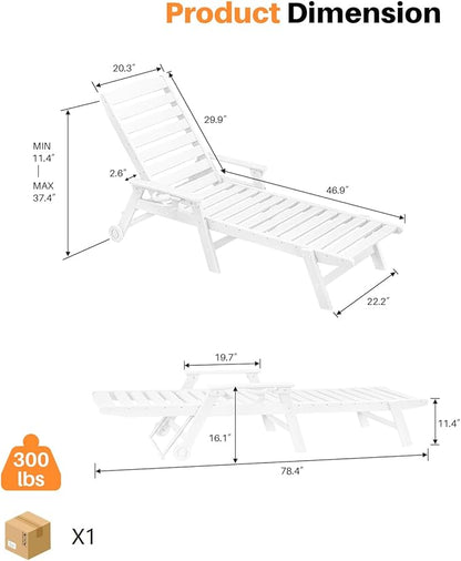 HDPE Outdoor Chaise Lounge Set of 2, 5-Position Adjustable Outdoor Lounger with Wheels & Cup Holder, 78.4'' Poly Lounge Chairs, HDPE Patio Lounge Chairs for Deck, Backyard, Poolside, Pearl