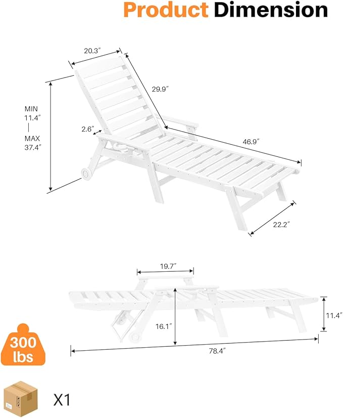 HDPE Patio Chaise Lounge Chair, 78.4'' Adjustable Outdoor Lounger, 5 Positions Poly Lounge Chair with Wheels & Cup Holder, HDPE Outdoor Patio Lounge Chairs for Backyard, Deck, Beach, Pearl
