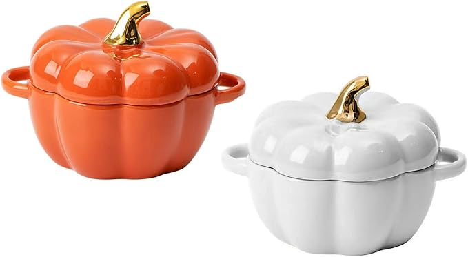 Pumpkin Bowl Set with Lid and Handle, Set of 2 Ceramic Ramekins for Baking, Casserole Dish Individual Severing Pot, Stoneware, Oven Safe, 14 Oz (Orange and White)