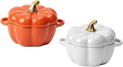 Pumpkin Bowl Set with Lid and Handle, Set of 2 Ceramic Ramekins for Baking, Casserole Dish Individual Severing Pot, Stoneware, Oven Safe, 14 Oz (Orange and White)