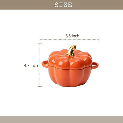 Pumpkin Bowl Set with Lid and Handle, Set of 2 Ceramic Ramekins for Baking, Casserole Dish Individual Severing Pot, Stoneware, Oven Safe, 14 Oz (Orange and White)