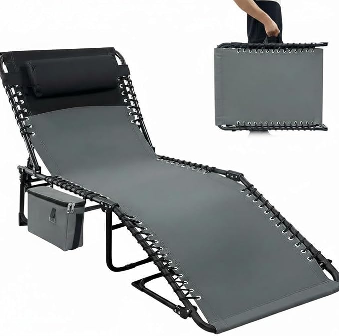 Folding Outdoor Chaise Lounge Chair, 5-Position Adjustable Sun Tanning Chair with Removable Pillow, Side Pocket & Carry Handle for Beach, Garden & Pool