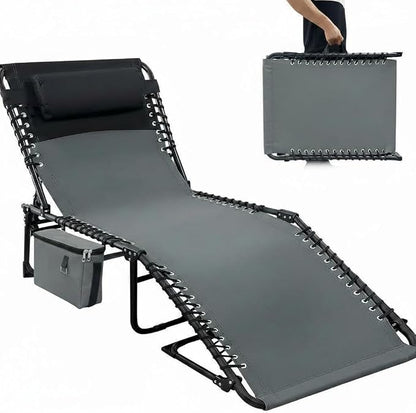 Folding Outdoor Chaise Lounge Chair, 5-Position Adjustable Sun Tanning Chair with Removable Pillow, Side Pocket & Carry Handle for Beach, Garden & Pool