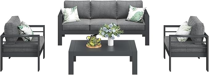 LayinSun Outdoor Aluminum Furniture Set, 4 Pieces Patio Sectional Conversation Chat Sofa Modern Seating Set with Coffee Table