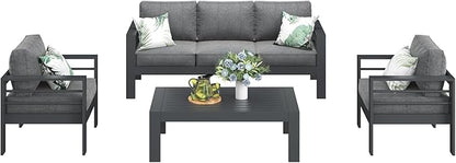 LayinSun Outdoor Aluminum Furniture Set, 4 Pieces Patio Sectional Conversation Chat Sofa Modern Seating Set with Coffee Table