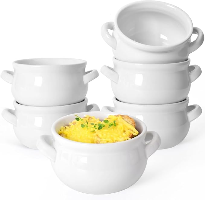 Vumdua Soup Bowls with Handles, 16 Oz Ceramic French Onion Soup Bowls - Stackable Soup Crocks Oven Safe for Cereal, Chilli, Pot Pies, Dishwasher Microwave Safe, Set of 6, White