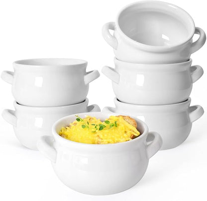 Vumdua Soup Bowls with Handles, 16 Oz Ceramic French Onion Soup Bowls - Stackable Soup Crocks Oven Safe for Cereal, Chilli, Pot Pies, Dishwasher Microwave Safe, Set of 6, White
