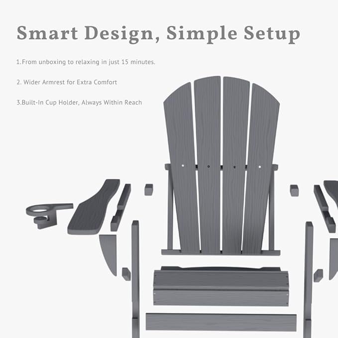 Folding Adirondack Chair with Cup Holders, HDPE Plastic Outdoor Chairs, Weather Resistant, Real Wood Look for Patio, Deck, Fire Pit, Backyard, Gray