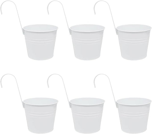 6 Pcs Hanging Flower Pots with Detachable Hooks,Metal Iron Bucket Planter for Railing,Fence,Balcony Garden Decor,6INCH,White