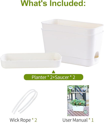 Oliz Self Watering Planters: 2 Packs Rectangular Plant Pots with with Drainage and Tray, 10 Inch Window Pot Self Watering Planter for Herb, Houseplants