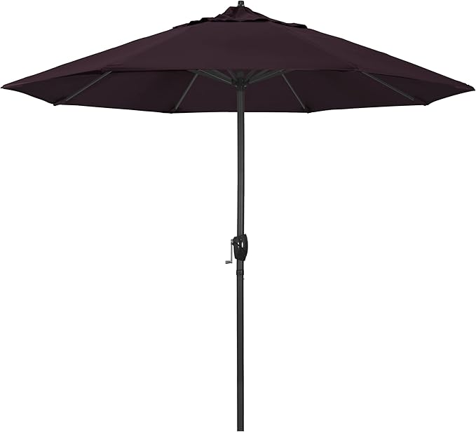 California Umbrella 9' Rd Aluminum Patio Umbrella, Crank Lift, Auto Tilt, Black Finish, 4yr Fade Warranty, Purple