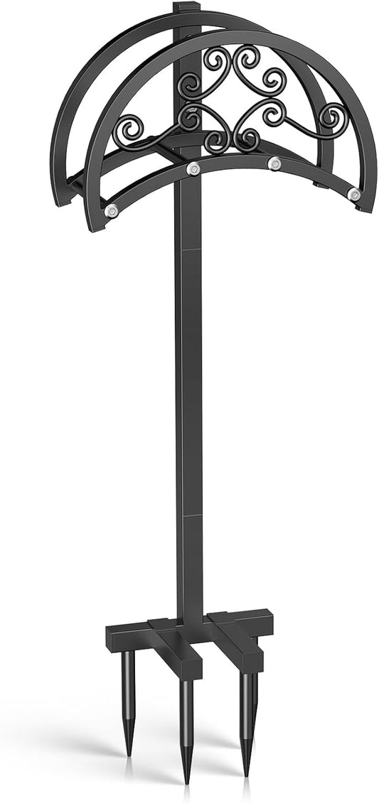 OLV Garden Hose Holder, Heavy Duty Metal Outdoor Water Hose Holder Freestanding Stake with 4 Spikes Holds 150-ft Pipe, Detachable Decorative Hose Stand Hanger Rack for Outside Yard Lawn Farm