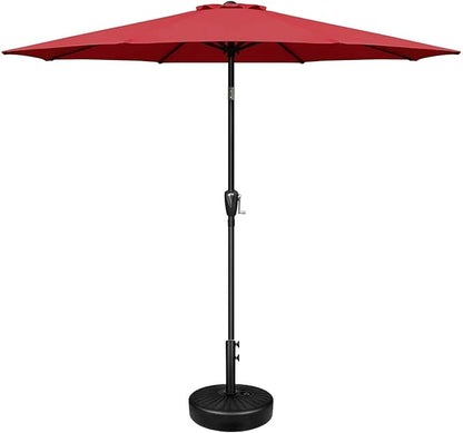 Simple Deluxe LGBRLA9REDBASERV1 9ft Market Table Patio Umbrella with Button Tilt, 8 Sturdy Ribs, 20" Round Water Filled Base Stand Included for Outdoor, Lawn, Garden, Backyard, Pool, Red