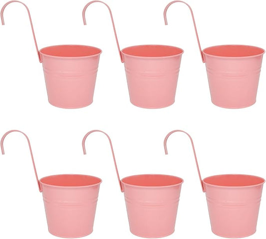 6 Pcs Hanging Flower Pots with Detachable Hooks,Metal Iron Bucket Planter for Railing,Fence,Balcony Garden Decor,6INCH,Pink