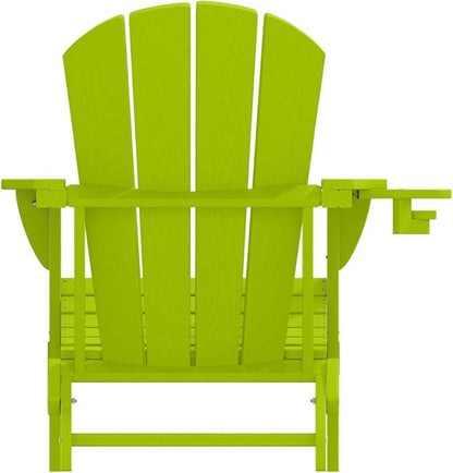 Folding Adirondack Chairs with Cup Holders, Set of 4 HDPE Plastic Outdoor Chairs, Weather Resistant, Real Wood Look, Heavy-Duty Patio Furniture for Deck, Fire Pit, Backyard, Apple Green