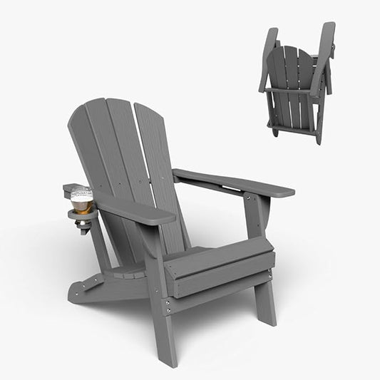 Folding Adirondack Chair with Cup Holders, HDPE Plastic Outdoor Chairs, Weather Resistant, Real Wood Look for Patio, Deck, Fire Pit, Backyard, Gray