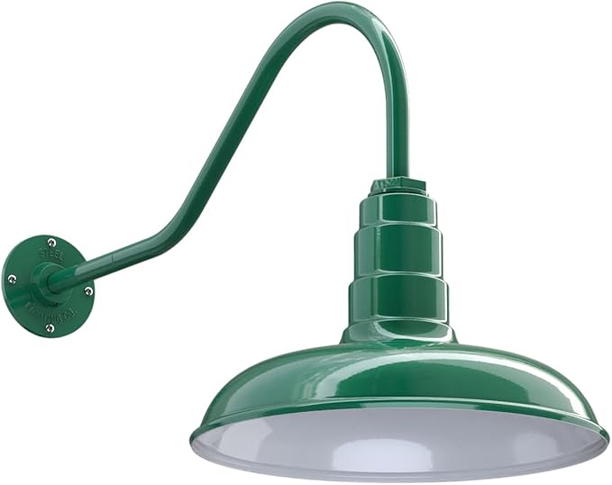 Steel Lighting Co. Topanga Barn Light | Outdoor Wall Mounted | Farmhouse Garage Light Made in America | 14 inch Dome | 23 inch Gooseneck | Green Exterior/White Interior