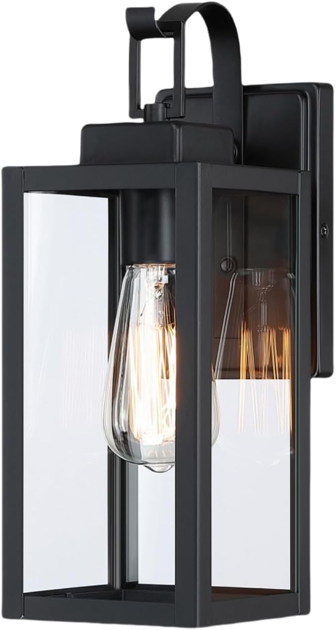 WISBEAM Black 13.7in Outdoor Wall Lantern for House, Black Outdoor Porch Sconce Light Fixture, E26 Base 60W Max, Metal Housing Plus Glass, ETL Qualified, Bulbs not Included