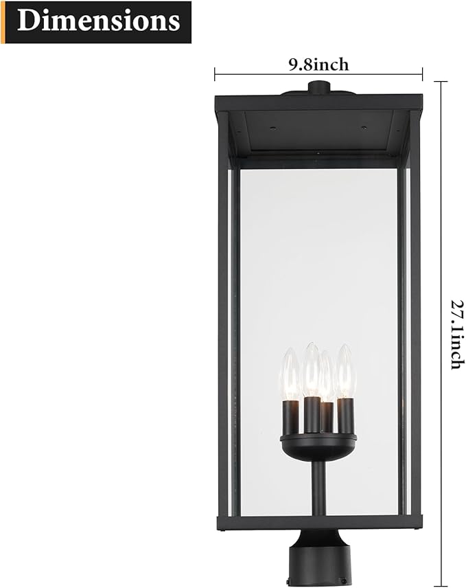 Outdoor Post Light Fixture, Modern Exterior Square Pillar Lantern with Black Finish & Clear Glass, Transitional Pier Mount Lamp, Pole Light for Garden, Backyard, Patio, Pathway, RZ008XL-P
