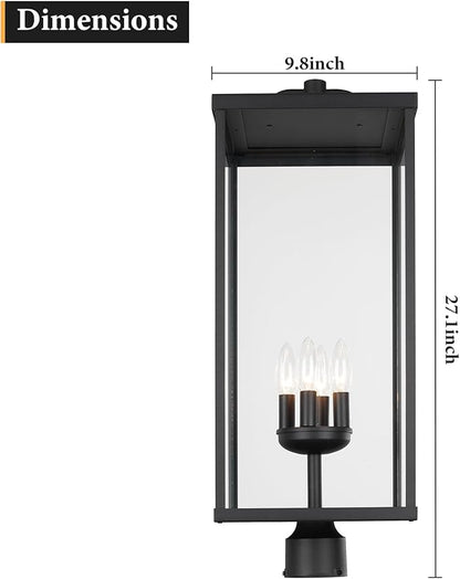 Outdoor Post Light Fixture, Modern Exterior Square Pillar Lantern with Black Finish & Clear Glass, Transitional Pier Mount Lamp, Pole Light for Garden, Backyard, Patio, Pathway, RZ008XL-P