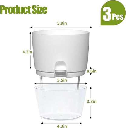 Oliz 6 Inch Self Watering Plastic Plant Pots for Indoor Plants - 3 Pack White Orchid Planters with Wick Ropes & Drainage Holes, Modern Decorative Garden Pots with Water Reservoir