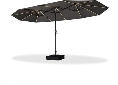 PURPLE LEAF 15ft Patio Market Umbrella with Solar LED and Base Double-Sided Rectangle Outdoor Table Sun Umbrellas with Crank for Pool Beach Deck Backyard Light Gray