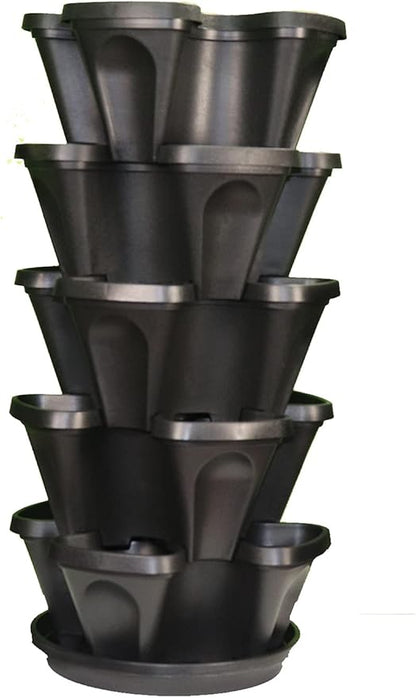 Mr. Stacky 5-Tier 13 inch Strawberry and Herb Garden Planter - Stackable Gardening Pots with 10 Inch Saucer (Black)