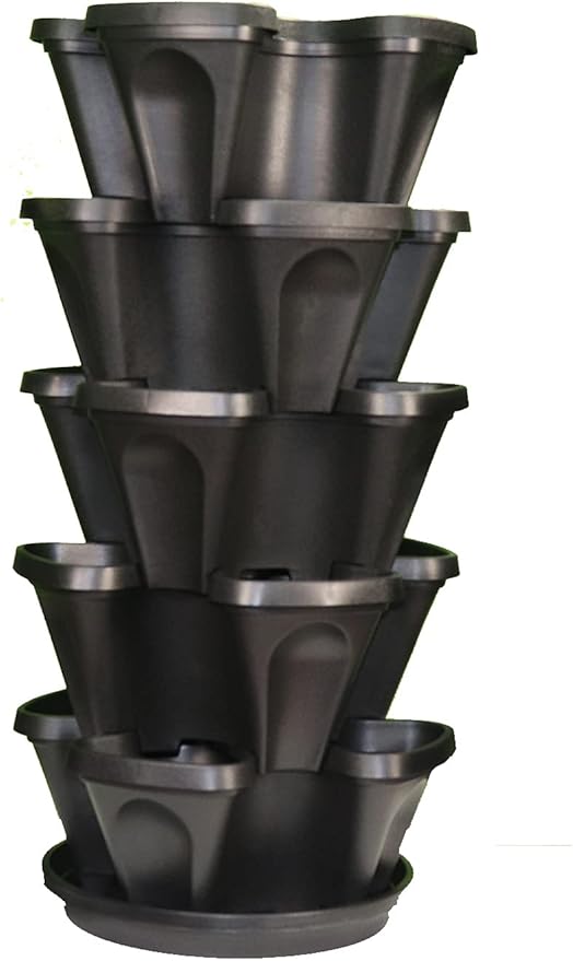 Mr. Stacky 5-Tier 13 inch Strawberry and Herb Garden Planter - Stackable Gardening Pots with 10 Inch Saucer (Black)