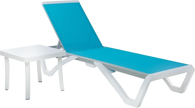 Kozyard Outdoor Chaise Lounge Chair Set Fully Flat Adjustable Patio Lounger | Aluminum Frame, Resin Legs, Textilene Fabric for Poolside, Backyard, Beach, Aqua, Chair + Table